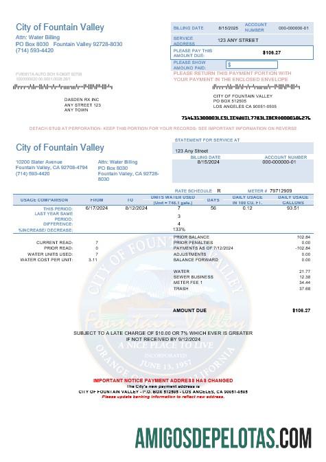 realista Modelo de conta de serviços públicos da cidade de Fountain Valley, EUA, Califórnia, em formatos Word e PDF